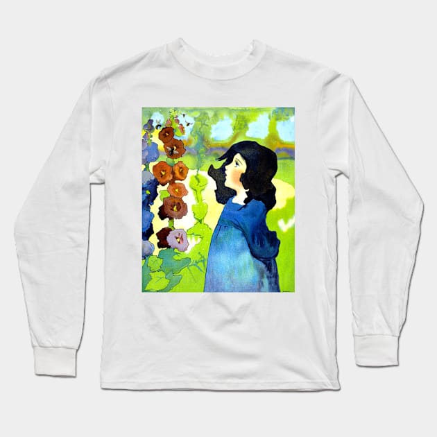 Little Girl Looking At Flowers and Bees Long Sleeve T-Shirt by rocketshipretro